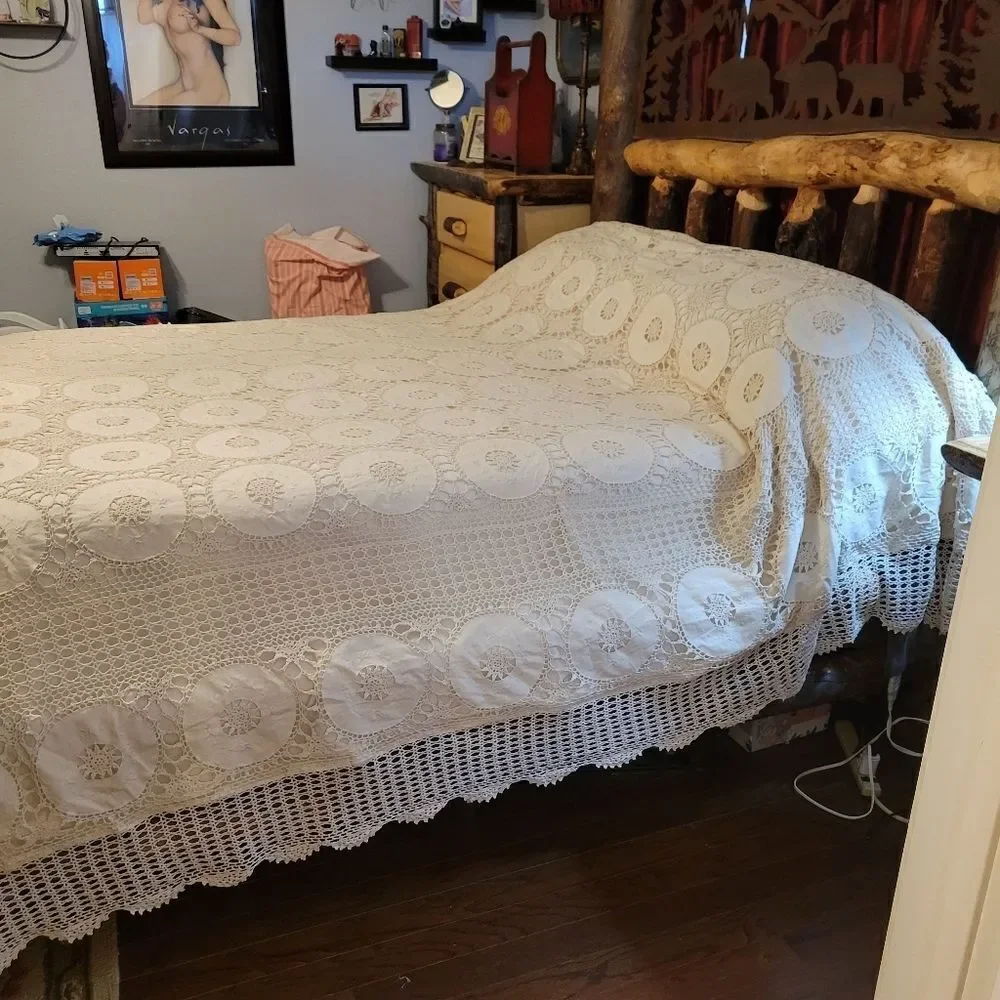 Antique Vintage Hand Crochet Lace King Size Duvet Cover Off-white Cream